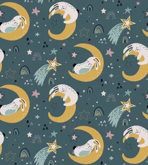Behang Slapende dieren Vector naadloos patroon met schattige dieren die vliegen en slapen op maan en regenboog.