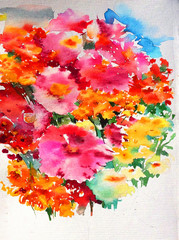 Abstract bright colored decorative background . Floral pattern handmade . Beautiful tender romantic bouquet of summer wildflowers , made in the technique of watercolors from nature.