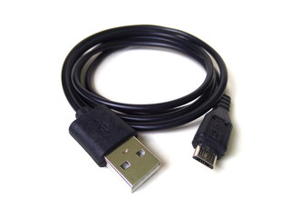 Close up of USB to micro USB cable connector isolated on white background. USB cable for mobile phone and tablet.