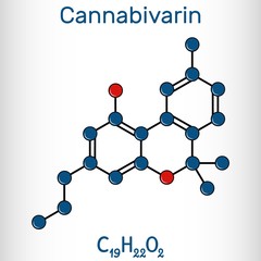 Cannabivarin, CBV molecule. It is natural product found in Cannabis sativa, is non-psychoactive cannabinoid. Chemical formula and molecular model. Logo. Vector illustration