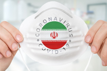 Respirator mask with flag of Iran - Coronavirus COVID-19 concept