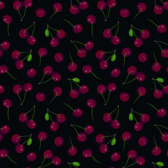 Cherry seamless pattern; juicy cherry with leaves on black background for fabric, wallpaper, packaging, textile, web design.