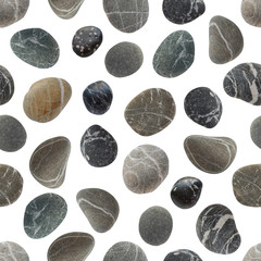 Stones Seamless pattern different color. Rocks with texture. Scandinavian wild nature trend surface design isolated on white background. Gray brown and black stones with white stripes.