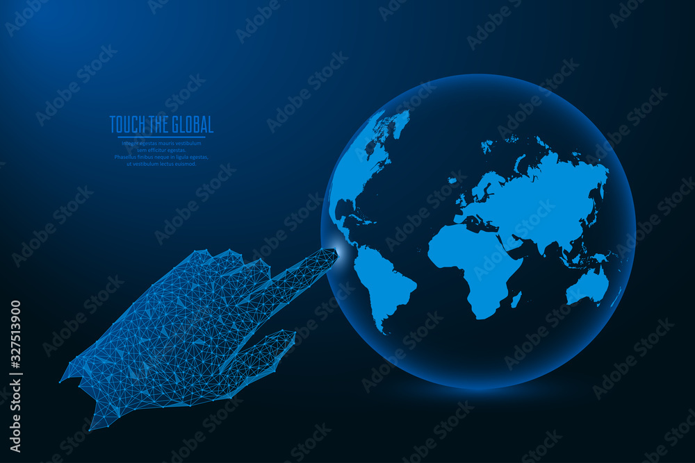 Poster human hand or arm finger is touching planet earth. polygonal wireframe mesh of globe. abstract low p