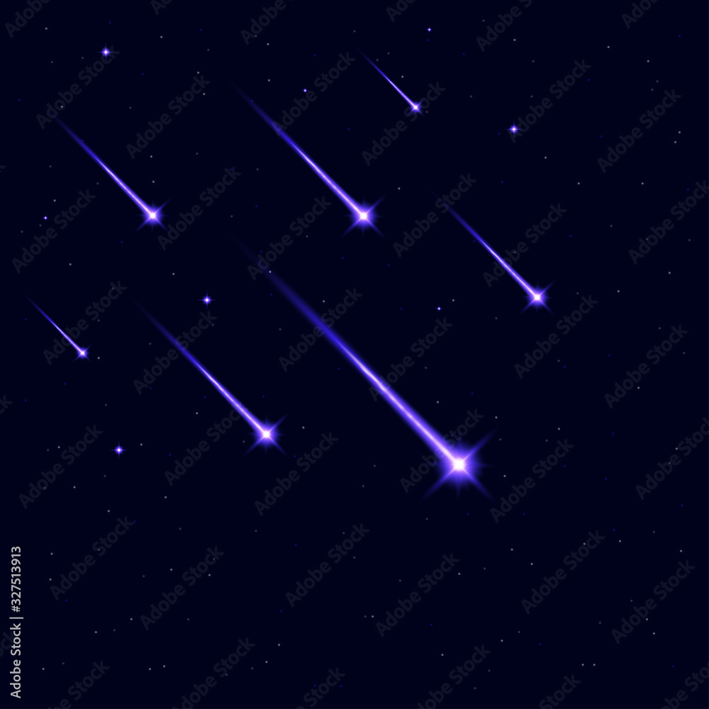 Aufkleber shooting stars in galaxy sky background. falling meteorite or comet with glowing light. vector illus