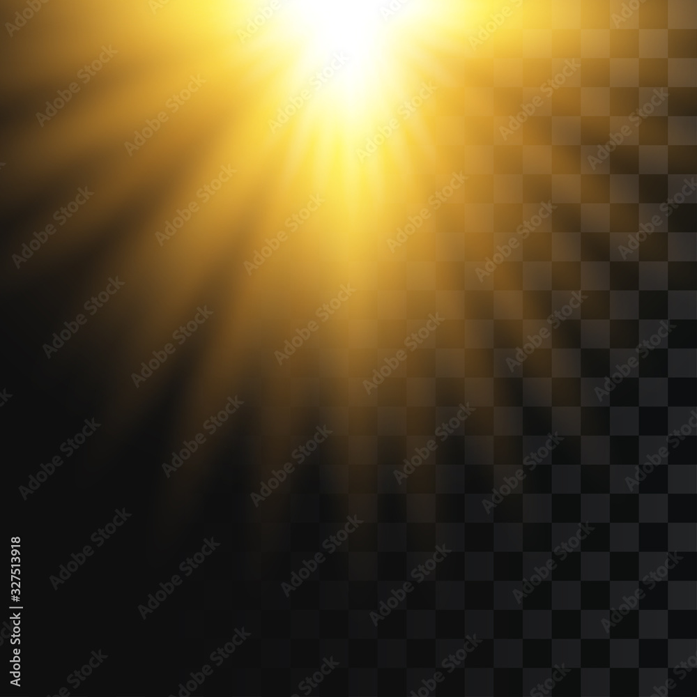Poster sunlight on transparent background. falling solar light. exploding flash with sunbeam, star burst. l