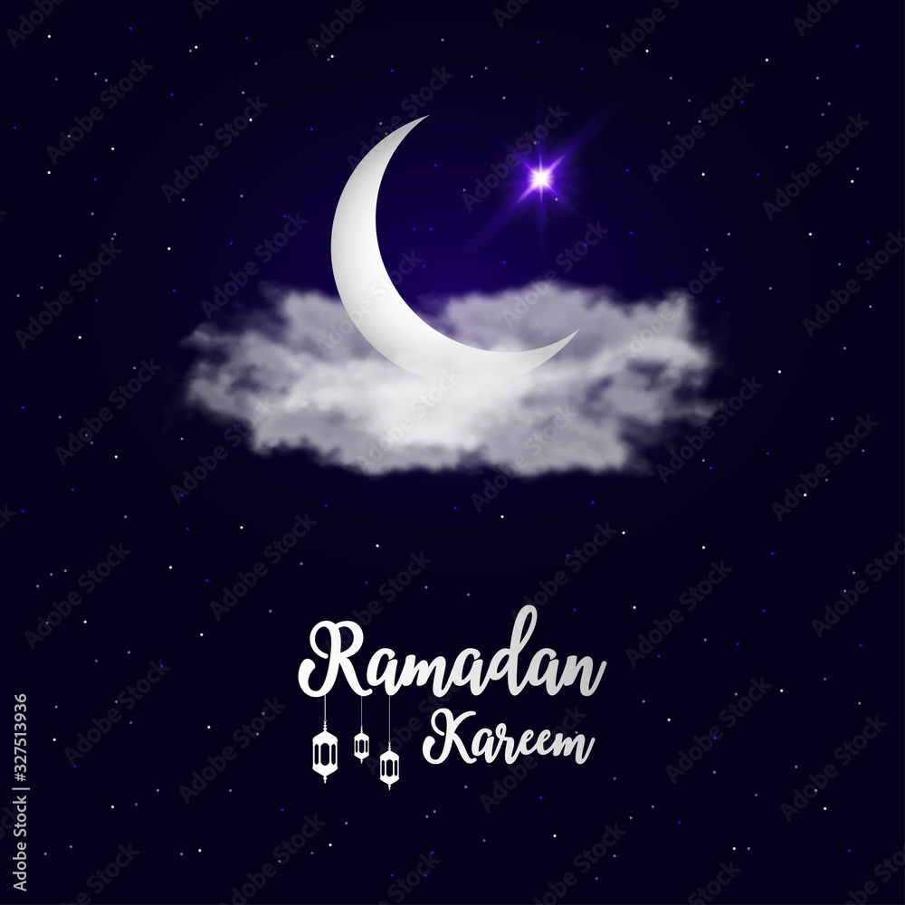 Poster holy month of ramadan kareem background with crescent moon, clouds and star. muslim holiday card wit