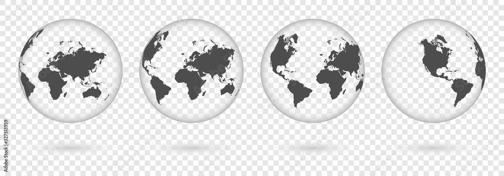 Poster Transparent Earth globes from different sides with shadow. World map globe symbols set isolated on transparent background. Vector illustration.