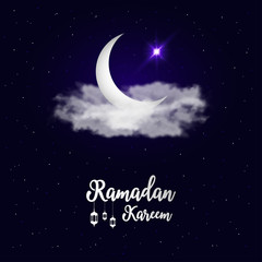 Obraz na płótnie Canvas Holy month of Ramadan Kareem background with crescent moon, clouds and star. Muslim holiday card with calligraphy text and lantern Fanus. Vector illustration.