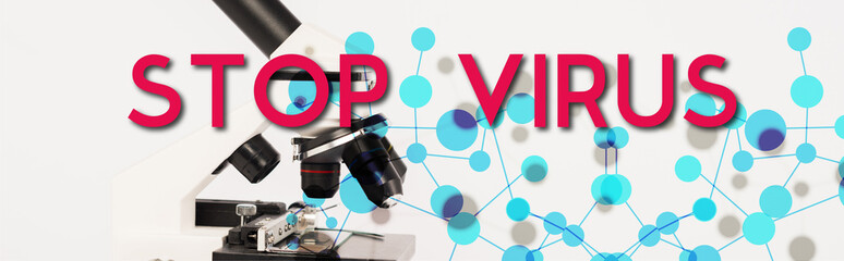 panoramic shot of modern microscope near stop virus lettering on white