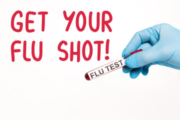 cropped view of scientist holding test tube with flu test near get your flu shot lettering on white