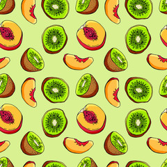 Seamless pattern of peaches and kiwi. Whole fruits, halves and slices. Cartoon style. Stock illustration. Suitable for the design of wallpaper, wrapping paper, kitchen, cafe.