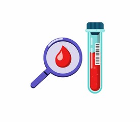 magnifying glass with blood test tube,  medical exam in blood sample from virus infection symbol in cartoon flat illustration vector isolated in white background