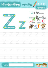 Letter Z uppercase and lowercase cute children colorful ABC alphabet trace practice worksheet for kids learning English vocabulary and handwriting layout in A4 vector illustration.
