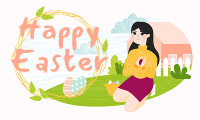 Obraz na płótnie Canvas Happy Easter greeting card template. Young girl sits in her backyard with basket of colored ornamented eggs found on Easter egg hunt. Wreath decorated text. Traditional celebrating of Easter holiday.