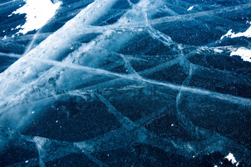 Methane Bubbles in the Baikal Ice.ice and cracks on the surface of Lake Baikal, Winter.Top view. Winter texture.Air bubbles in ice.Baikal ice. Crystal clear drinking water. 