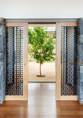 Tree in courtyard behind pattern door