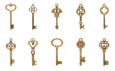 Set of vintage keys isolated on white background