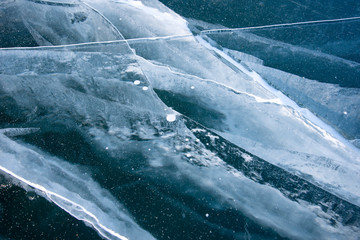 Methane Bubbles in the Baikal Ice.ice and cracks on the surface of Lake Baikal, Winter.Top view. Winter texture.Air bubbles in ice.Baikal ice. Crystal clear drinking water. 