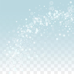 Christmas Vector Background with Falling Snowflakes  Isolated on Transparent Background. Realistic Snow Sparkle Pattern. Snowfall Overlay Print. Winter Sky. Realistic Snow. Happy Christmas, New Year.
