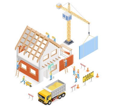 Home construction isometric building. vector Illustrations.