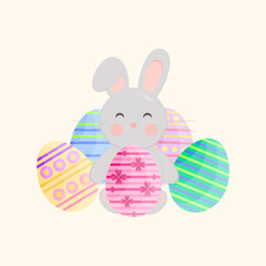 This is flat happy Easter Day background. Cute card with rabbit and Easter eggs on  background.