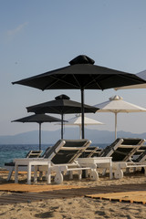 Luxurious sunbeds and umbrellas on a sandy beach