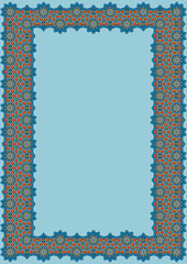 card with traditional indian/arabic floral and stars ornament frame, turquoise and gold colors, free space for text of invitation, diploma, size A4