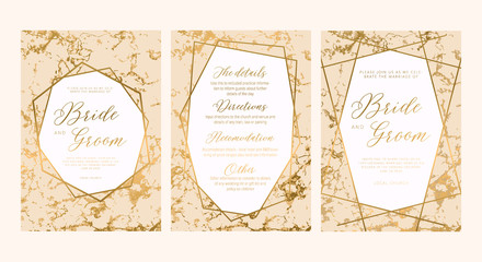 Luxury Set of elegant brochure,wedding card, background, cover. Peach and golden marble texture.Geometric frame.Trendy wedding invitation.All elements are isolated and editable.