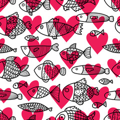 Cute fish and hearts.  Kids  background. Seamless pattern. Can be used in textile industry, paper, background, scrapbooking..