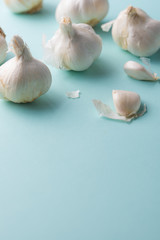 A lot of garlic on a light blue background, top view. Background for design. vertical photo