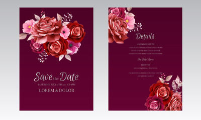 Elegant wedding invitation card template design with maroon rose flower and leaves