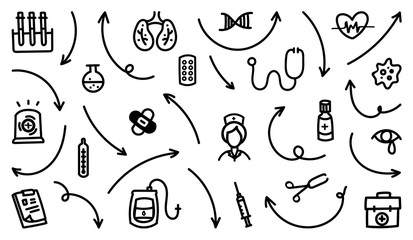 Hand drawn Health and medical care doodle design, Arrows and business sign Vector icon collection.