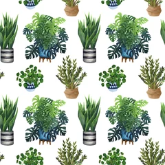 Foto auf Acrylglas Aquarell Zimmerpflanzen wachsen in Töpfen nahtlose Muster. Handgezeichneter Blumenstrauß, Zimmerpflanzen und Kaktus im Blumentopf. Grün nahtlos © BarvArt