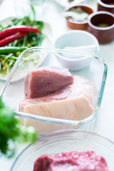 Lifestyle photo, Beef in glass bown on kitchen table