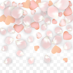 Vector Realistic Petals and Hearts Confetti. Flying Sakura and Hearts on Transparent Background. Wedding Invitation Background. Spring Romance Poster. Vector Illustration for Anniversary Design.