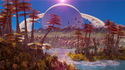 Fototapeten außerirdische planetenlandschaft, schöner wald die oberfläche eines exoplaneten © dottedyeti