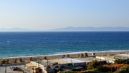 Fototapeta na wymiar West coast of Rhodes island, panoramic view. Beautiful scenery of north-west coast of Rhodes, Ixia.