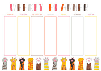 White weekly planner with cute watercolour cat's paw design.