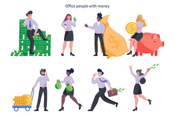 Set of business woman and man with money. Happy successfull people