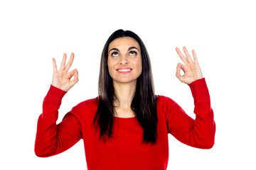 Attractive mature woman wearing red jersey