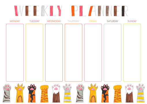 White weekly planner with cute watercolour cat's paw design.