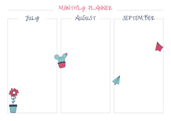 White monthly planner with bright elements: flower in pot, cactus.
