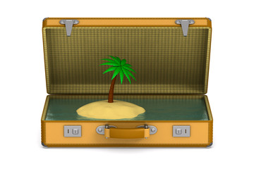 palm tree on island into suitcase on white background. Isolated 3D illustration