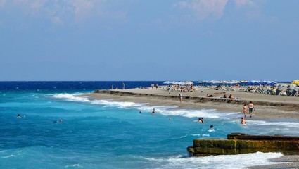 Rhodes town and seaside. West coast of Rhodes island near the city of Rhodes, Greece. Rodos Island town with Elli beach