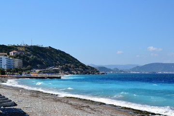 Rhodes town and seaside. West coast of Rhodes island near the city of Rhodes, Greece. Rodos Island town with Elli beach