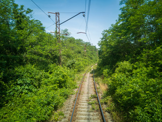 Mountain railway in summer, the greenery disappearing into the distance in the Caucasus