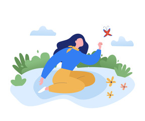 Obraz na płótnie Canvas Woman sitting on the lawn in the park with a flying butterfly. Spring modern flat vector concept illustration