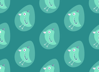 Seamless Easter blue seasonal texture with cute painted eggs and bird pattern. Tiling spring family background ornament. Holiday wrapping paper, modern flat stock vector design illustration.