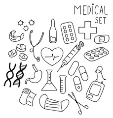 Medical stuff Healthcare equipment kit. Hand drawn icons clip art doodles. Stock vector illustration isolated on white backgound. Sketch elements set for graphic and web design.